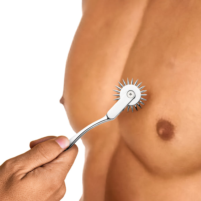 Silver Wartenberg pinwheel for BDSM sensation play and sensory teasing