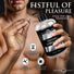 Promotional image of Master Series Fisting Lubricant 16 oz held in hand with lubricant texture displayed, emphasizing long-lasting glide, lidocaine-enhanced comfort, and a stain-resistant formula.