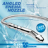 Clean Stream angled metal enema nozzle infographic highlighting the angled design, removable tip, comfort grip handle, and compatibility with most shower hoses