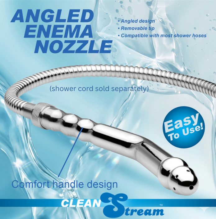 Clean Stream angled metal enema nozzle infographic highlighting the angled design, removable tip, comfort grip handle, and compatibility with most shower hoses
