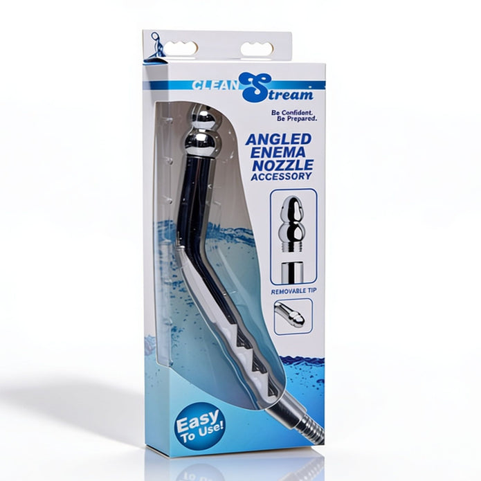 Retail packaging for the Clean Stream angled enema nozzle accessory featuring product visibility through a clear window and removable tip callout