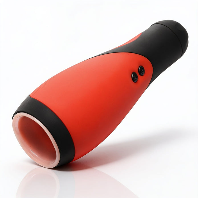 Angled side view of the Vibra Head Bionic Auto Stroker highlighting the smooth exterior shell, ergonomic shape, and integrated control buttons.