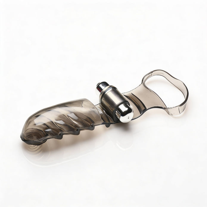 Side profile of the vibrating finger glove showing the contoured textured sleeve, finger loop, and attached bullet vibrator.
