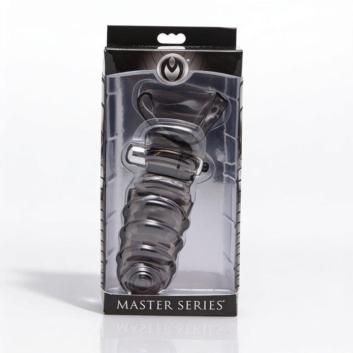 Retail packaging for the Bang Bang P-Spot Vibrating Finger Glove displayed in a clear-front Master Series box.