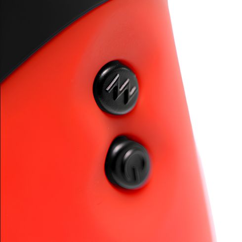 Detailed close-up of the Vibra Head Bionic Auto Stroker control panel featuring power and mode buttons on the red exterior casing.