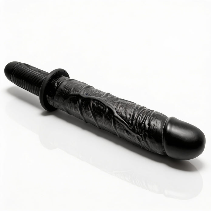 Angled product view of the Violator 13 Mode XL Dildo Thruster featuring a textured black shaft, pronounced head, safety guard, and ribbed handle against a clean white background.
