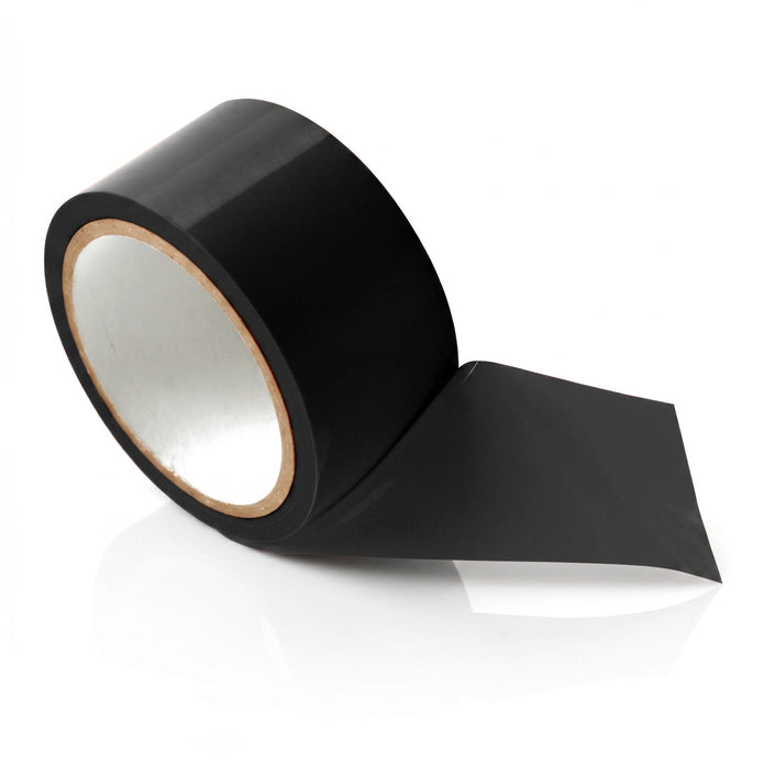 Close-up of a roll of black bondage tape partially unrolled, highlighting the smooth glossy finish and flexible self-adhering material.