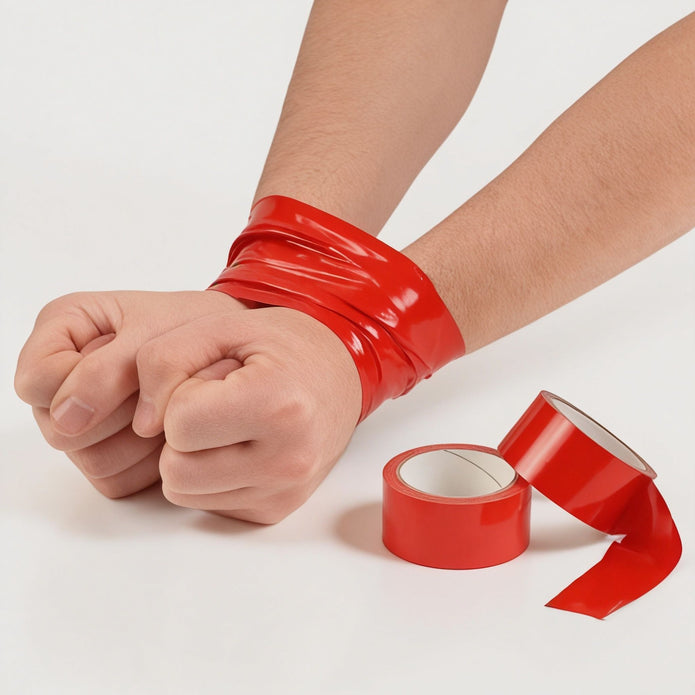 Red bondage tape wrapped around wrists to demonstrate self-adhesive restraint use, with two rolls of tape displayed beside the bound wrists.