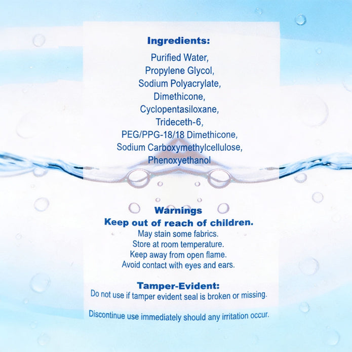 CleanStream Ease Hybrid Anal Lubricant ingredient and warning information panel listing the silicone and water blend formula components and product safety details.