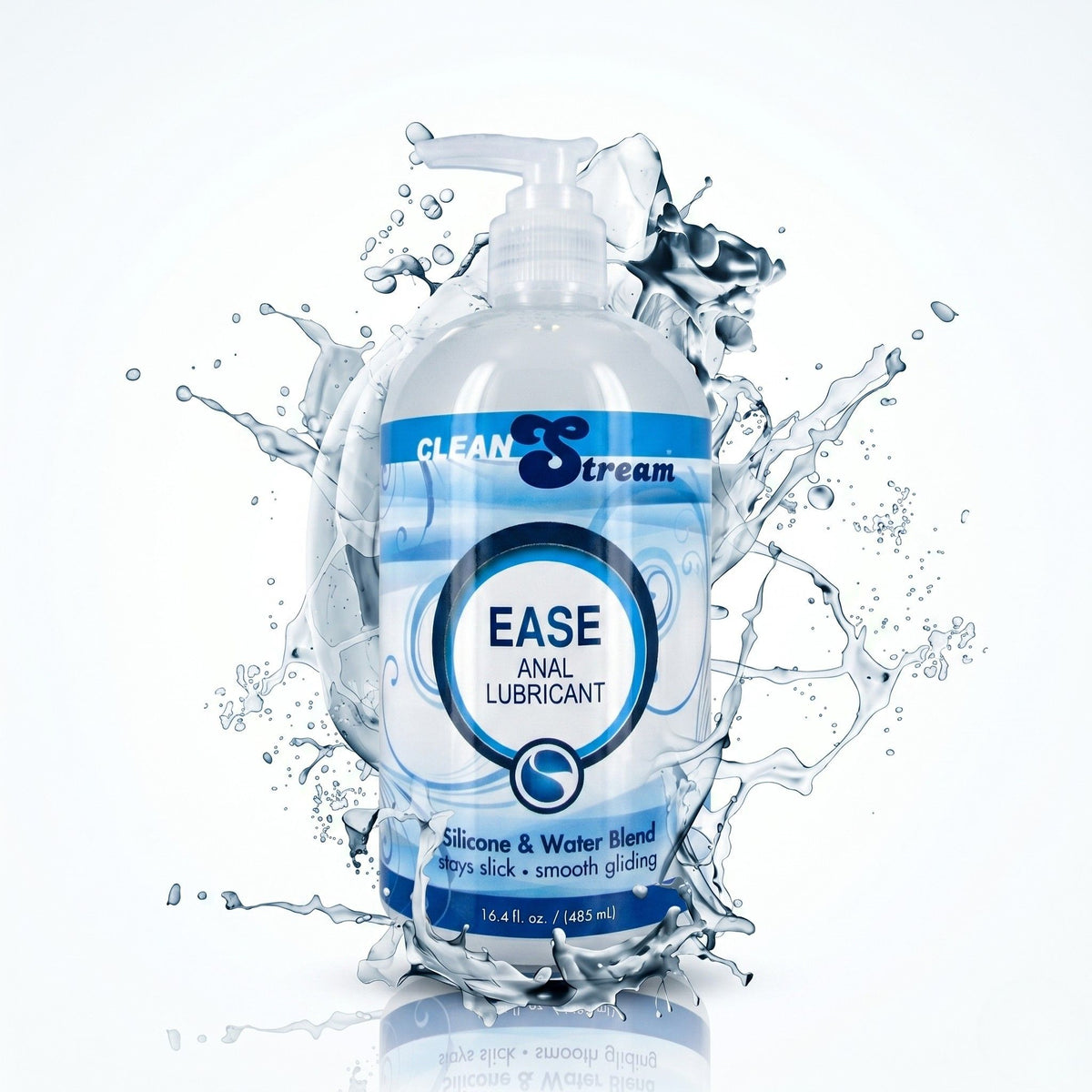 CleanStream Ease Hybrid Anal Lubricant 16.4 oz pump bottle surrounded by a dynamic water splash, highlighting its silicone and water blend formula for smooth, long-lasting glide.