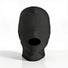 Front view of a black disguise hood with padded blindfold coverage and a reinforced open mouth opening for sensory restriction and concealment