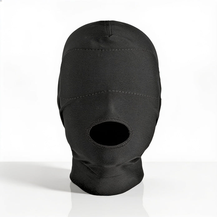 Front view of a black disguise hood with padded blindfold coverage and a reinforced open mouth opening for sensory restriction and concealment