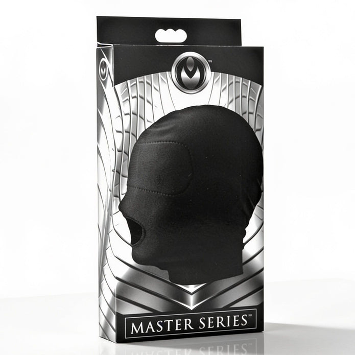 Retail packaging for the Disguise Open Mouth Hood with Padded Blindfold, displaying the hood design and product branding