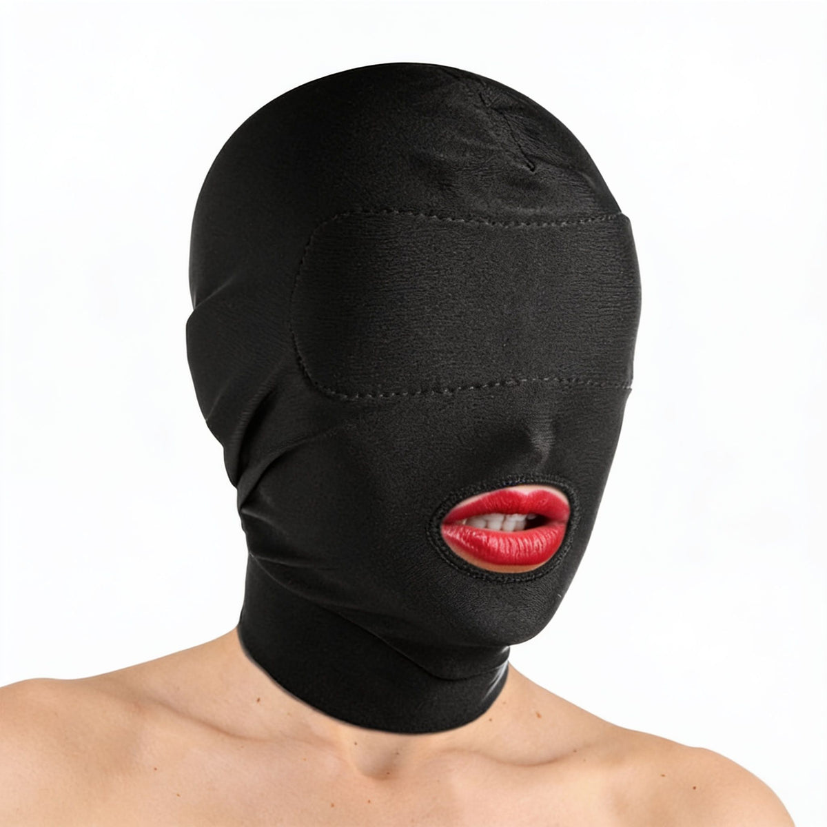 Person wearing a black disguise hood with padded blindfold panels and an open mouth design, creating a sensory deprivation and anonymity play look