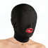 Person wearing a black disguise hood with padded blindfold panels and an open mouth design, creating a sensory deprivation and anonymity play look