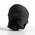 Side view of a black disguise hood featuring padded blindfold sections, full head coverage, and an open mouth opening for communication and breathing