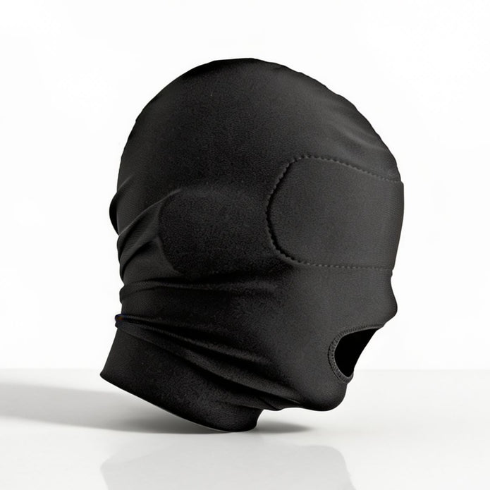 Side view of a black disguise hood featuring padded blindfold sections, full head coverage, and an open mouth opening for communication and breathing