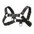 Black faux leather English Bulldog harness with adjustable straps, metal buckles, and multiple D-rings for leash attachment and restraint play