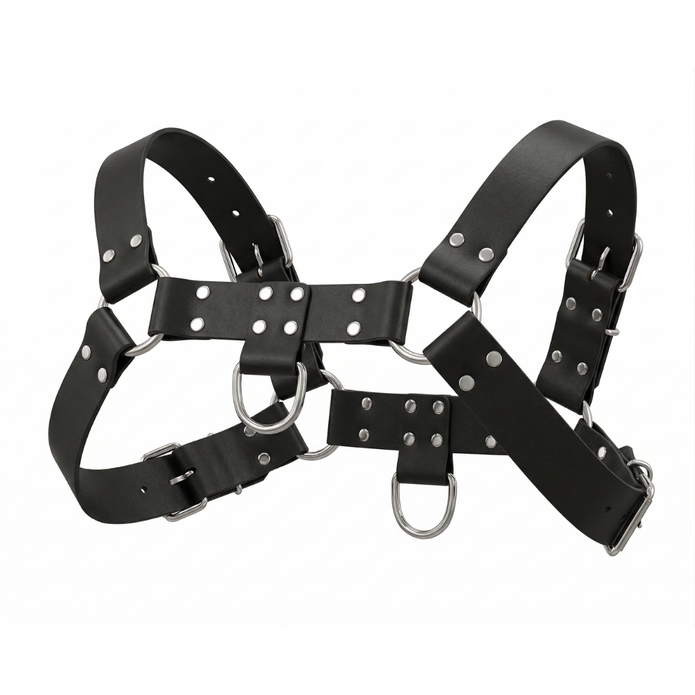Black faux leather English Bulldog harness with adjustable straps, metal buckles, and multiple D-rings for leash attachment and restraint play
