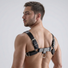 Rear view of a male model wearing a black English Bulldog harness showing adjustable straps, metal hardware, and back D-ring attachment point