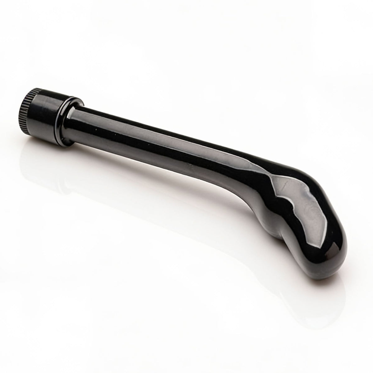 Angled product view of the Essential P-Spot Vibe featuring a curved black shaft, targeted prostate stimulation design, smooth surface, and control dial base on a white background.