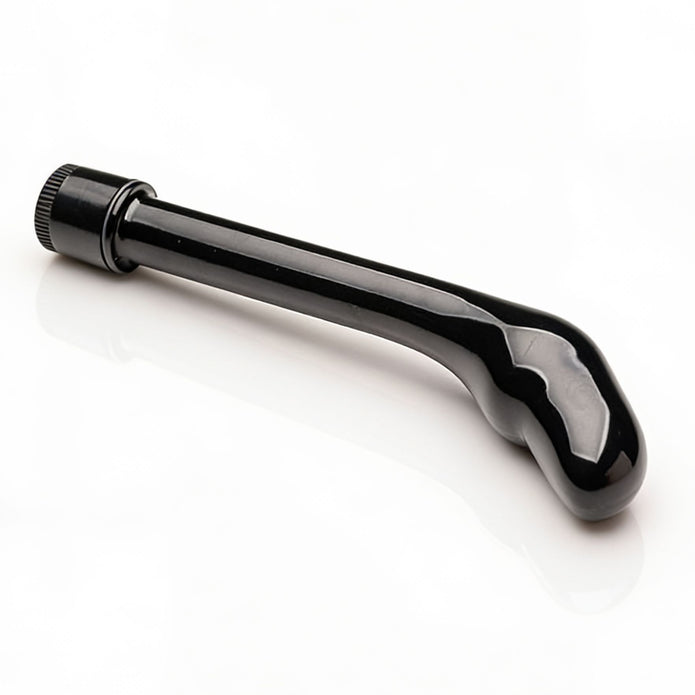 Angled product view of the Essential P-Spot Vibe featuring a curved black shaft, targeted prostate stimulation design, smooth surface, and control dial base on a white background.