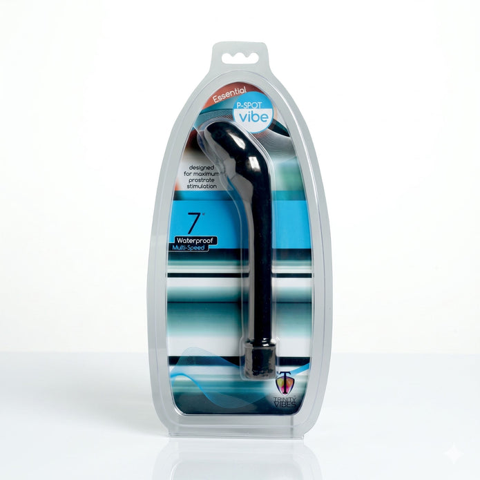 Retail package presentation of the Essential P-Spot Vibe displayed inside branded Trinity Vibes packaging with visible product window and key product specifications.