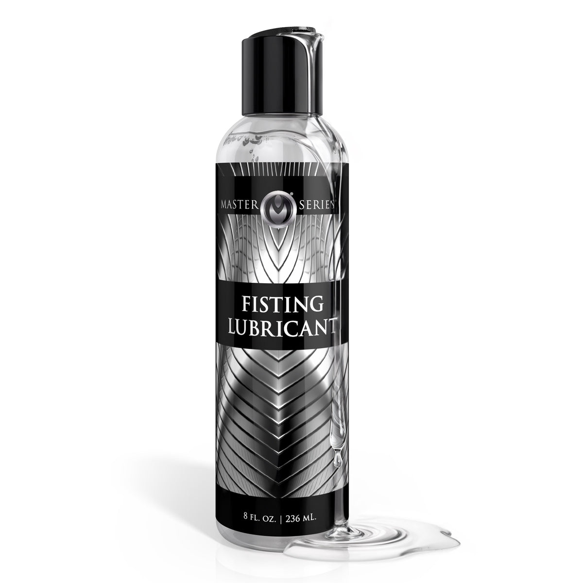 Master Series Fisting Lubricant 8 oz bottle with a clear water-based formula designed for long-lasting glide and enhanced comfort during anal training and stretching.
