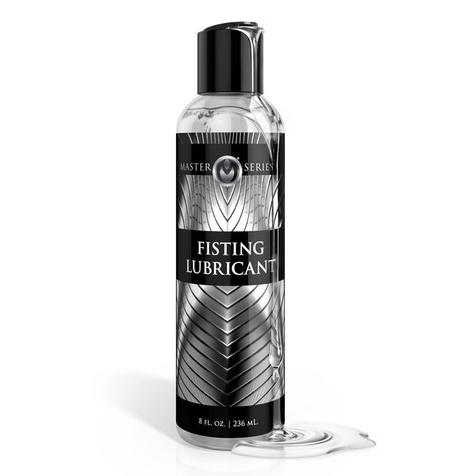 Master Series Fisting Lubricant 8 oz bottle with a clear water-based formula designed for long-lasting glide and enhanced comfort during anal training and stretching.