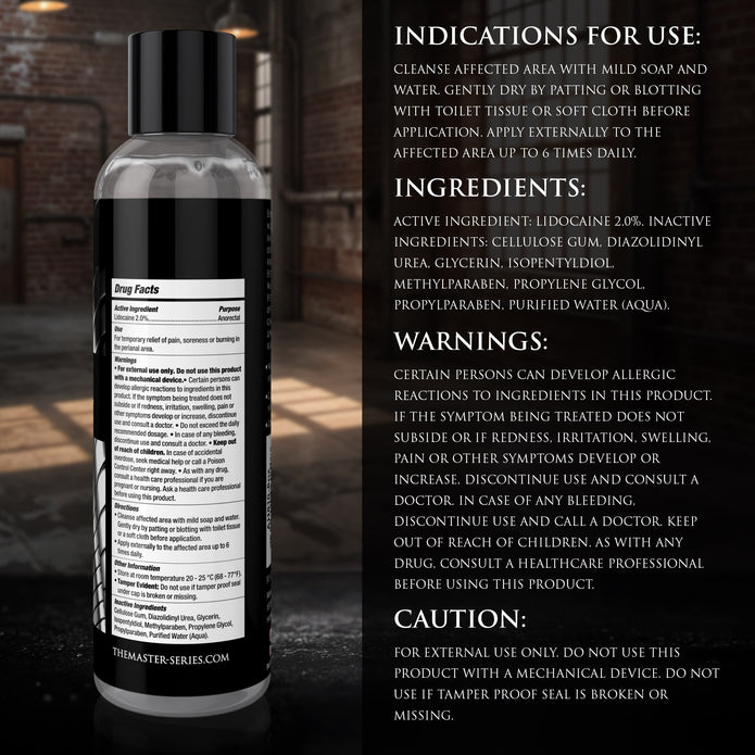 Back label of Master Series Fisting Lubricant 8 oz bottle displaying directions for use, active ingredient information, warnings, and product details.