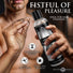 Master Series Fisting Lubricant shown being applied from an 8 oz bottle, highlighting long-lasting effects, 2% lidocaine formula, and stain-free performance.