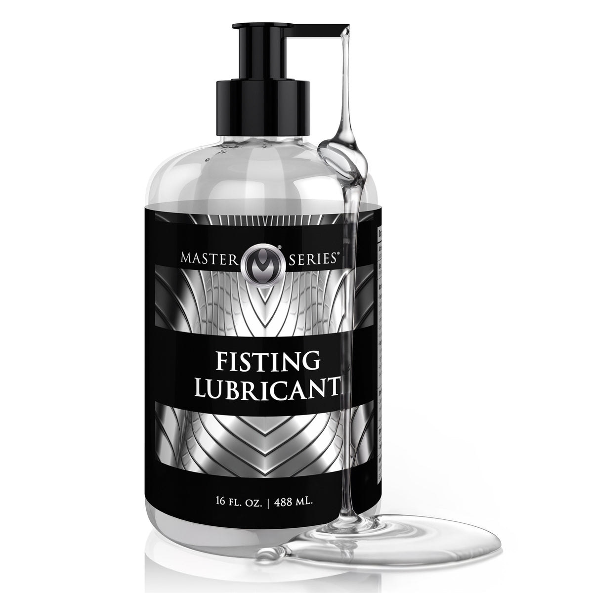 Front-facing Master Series Fisting Lubricant 16 oz pump bottle showcasing a thick water-based formula with a large-capacity dispenser for extended anal play and training sessions.