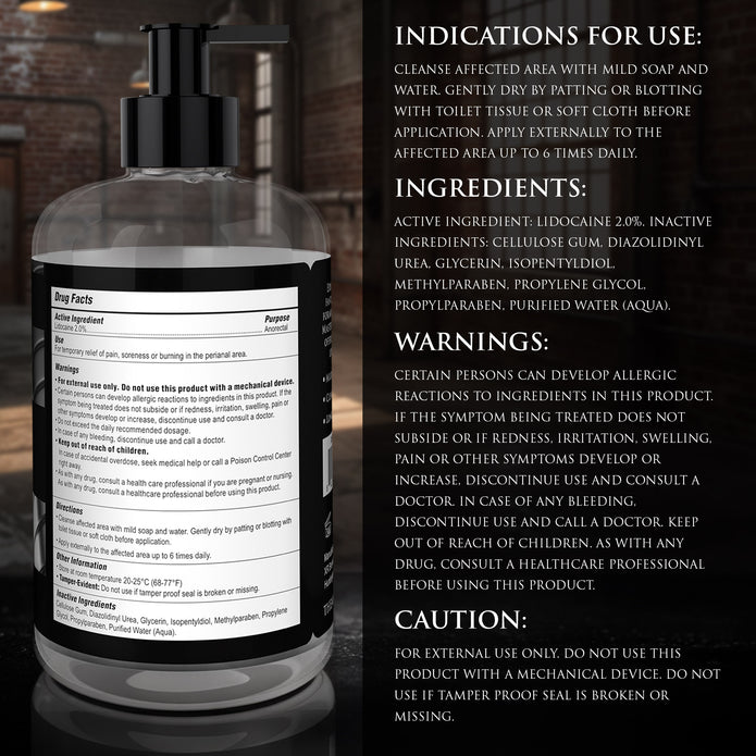 Rear packaging view of Master Series Fisting Lubricant 16 oz displaying drug facts information, active ingredients, usage directions, warnings, and product safety details.