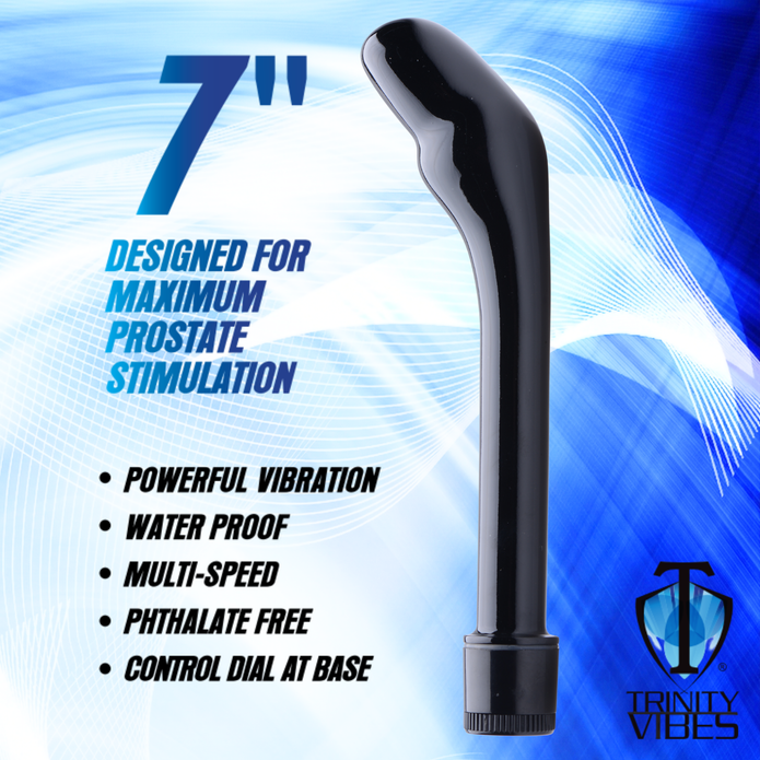 Product feature graphic highlighting the Essential P-Spot Vibe with seven-inch length, powerful vibration, waterproof construction, multi-speed functionality, phthalate-free material, and base-mounted controls.