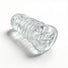 Angled product view of the Palm-Tec LX20 Intense Stroker highlighting the transparent construction, contoured shape, and textured stimulation zones.