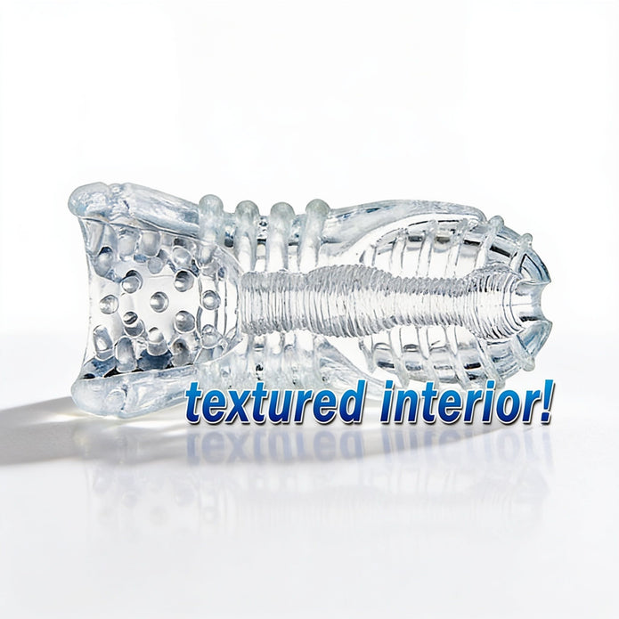 Cutaway illustration of the Palm-Tec LX20 Intense Stroker revealing the detailed internal canal texture, raised nodes, and ribbed stimulation pattern.