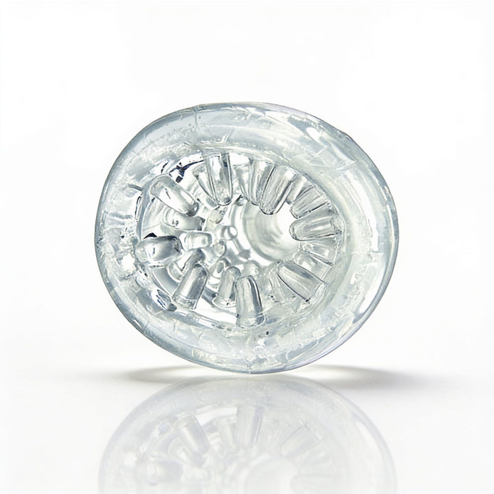 Direct entry view of the Palm-Tec LX20 Intense Stroker displaying the intricate internal nubs, channels, and textured sleeve design.
