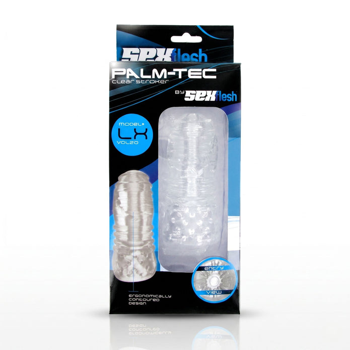 Retail packaging for the Palm-Tec LX20 Intense Stroker featuring product branding, clear display window, ergonomic design callouts, and entry-view graphic.