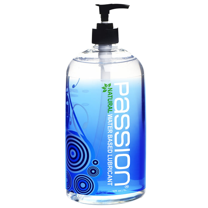 Passion Natural Water Based Lubricant 16 oz clear pump bottle featuring a blue gradient liquid and decorative circular graphics on the label.