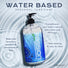 Passion Natural Water Based Lubricant 16 oz pump bottle displayed on a water ripple background with callouts highlighting pH-friendly lubrication, paraben-free formula, and easy cleanup.