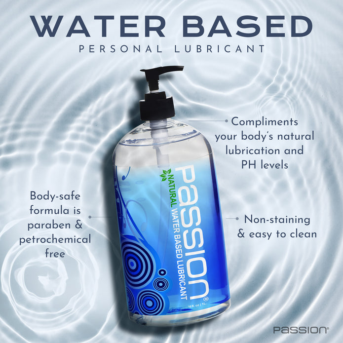 Passion Natural Water Based Lubricant 16 oz pump bottle displayed on a water ripple background with callouts highlighting pH-friendly lubrication, paraben-free formula, and easy cleanup.