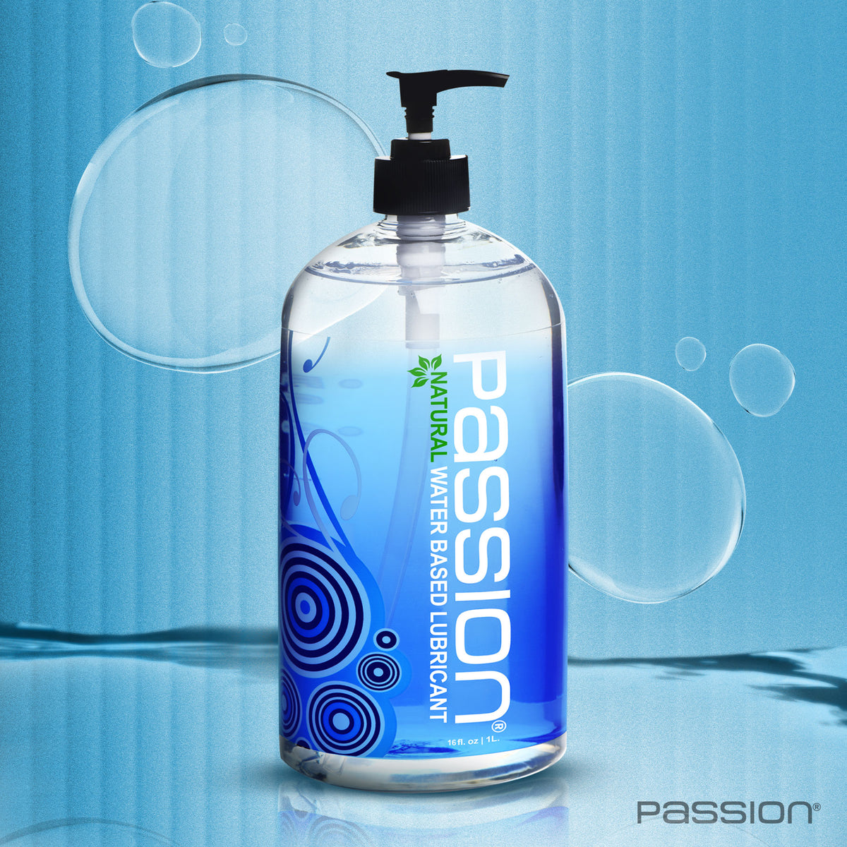 Passion Natural Water Based Lubricant 16 oz pump bottle standing against a blue underwater-inspired background with floating bubbles, emphasizing its water-based formula.