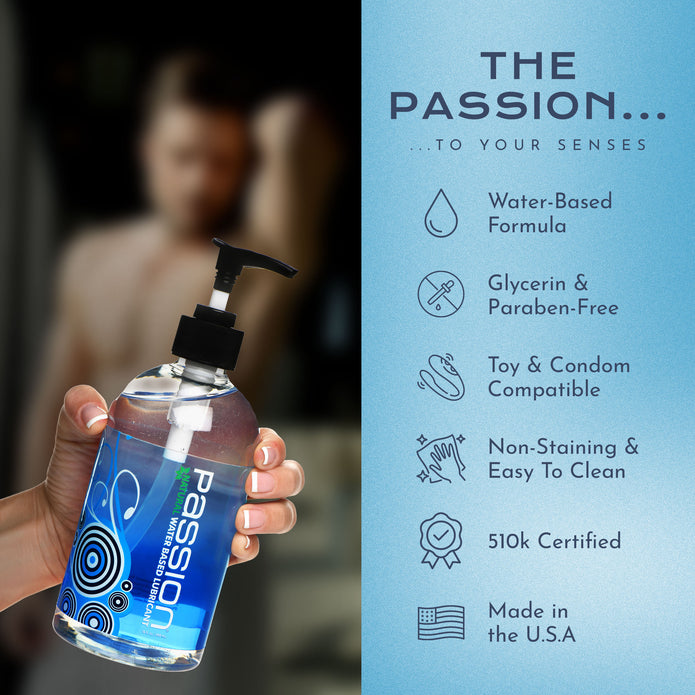 Hand holding a bottle of Passion Natural Water Based Lubricant beside feature icons highlighting water-based formula, glycerin-free and paraben-free ingredients, toy and condom compatibility, easy cleanup, and USA manufacturing.