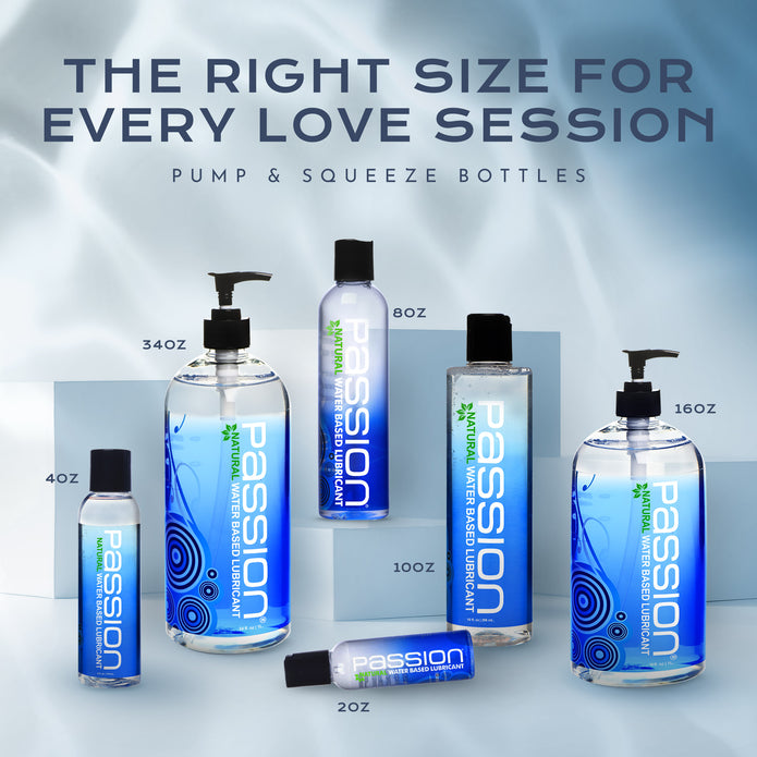 Passion Natural Water Based Lubricant product lineup showing available bottle sizes including 2 oz, 4 oz, 8 oz, 10 oz, 16 oz, and 34 oz options.