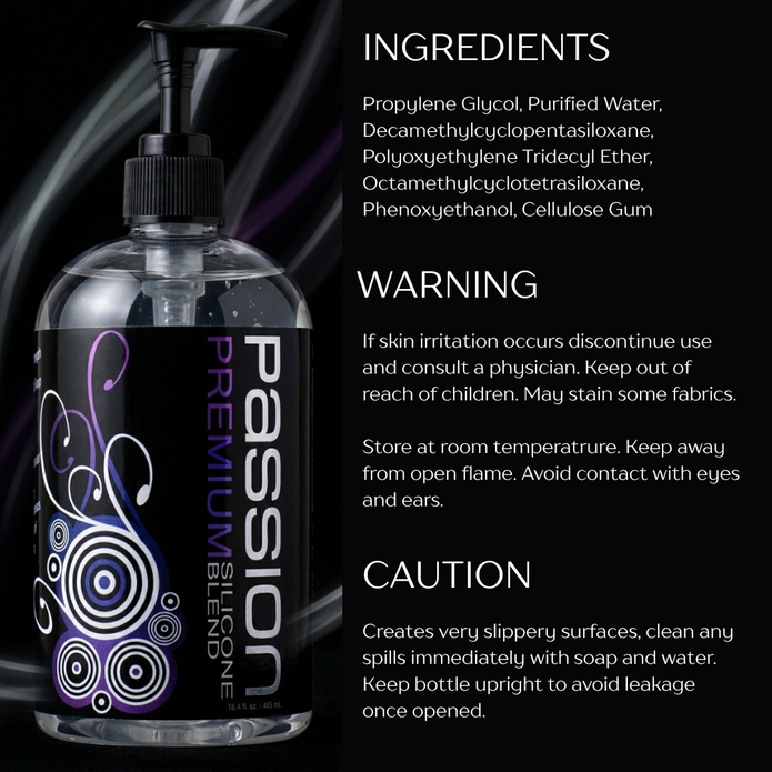 Passion Premium Silicone-Based Lubricant bottle displayed alongside ingredient information, warnings, storage instructions, and product safety details