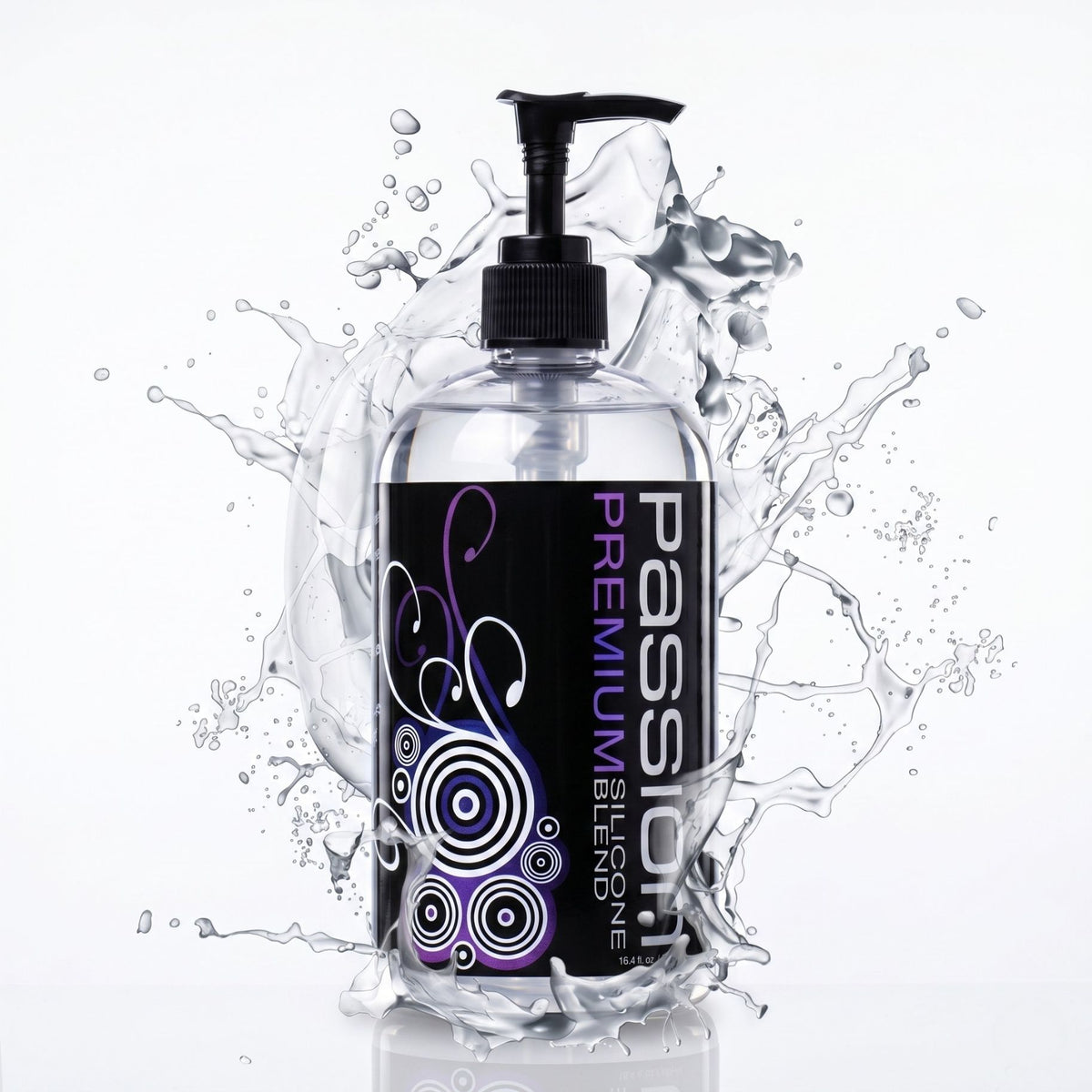 Large bottle of Passion Premium Silicone-Based Lubricant with pump dispenser surrounded by dynamic liquid splash effects, highlighting its smooth, long-lasting formula