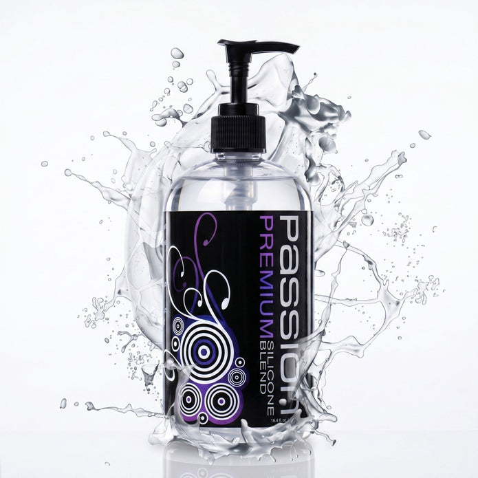 Large bottle of Passion Premium Silicone-Based Lubricant with pump dispenser surrounded by dynamic liquid splash effects, highlighting its smooth, long-lasting formula