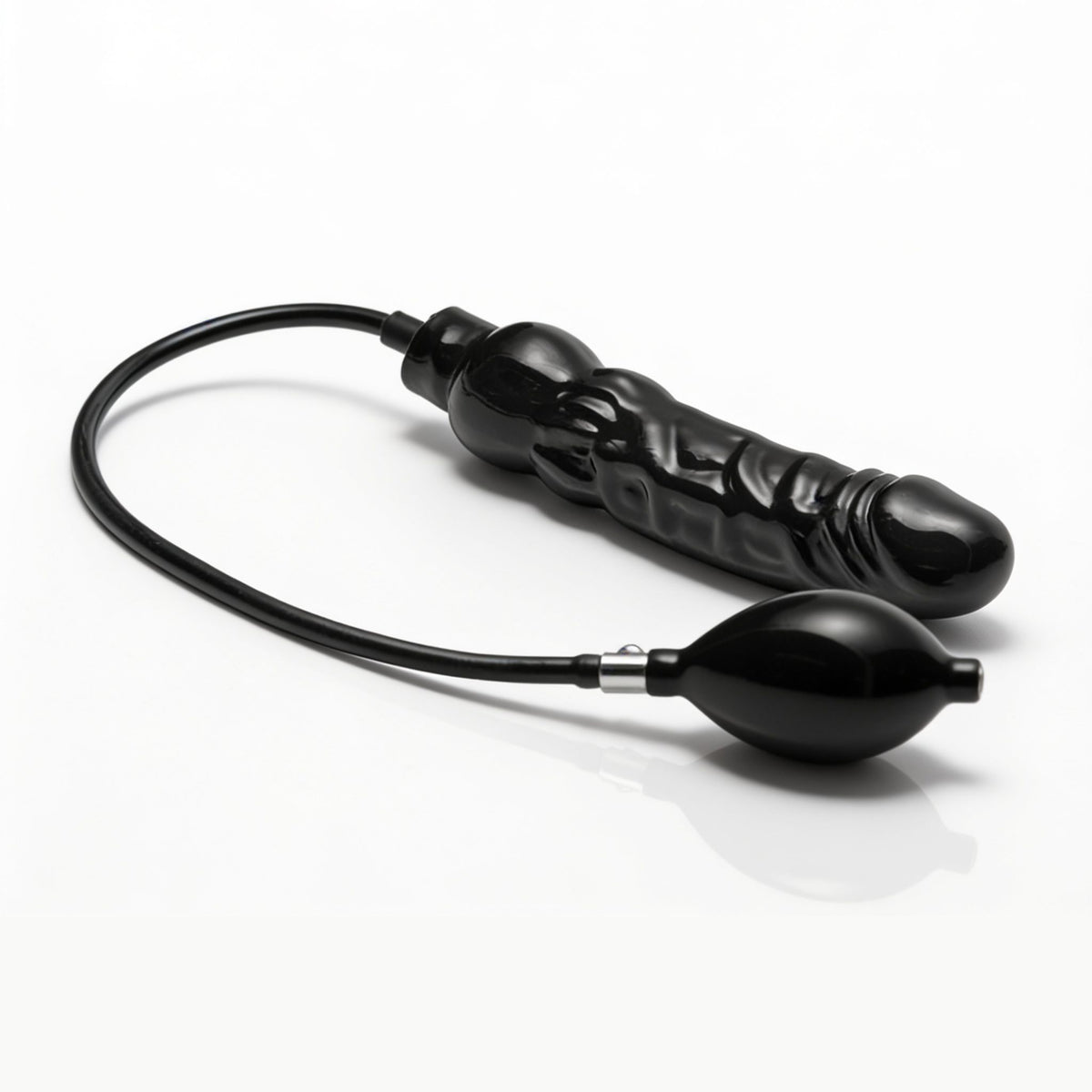 Black inflatable dildo with textured shaft and attached hand pump shown in its deflated state for slimmer insertion and customizable expansion