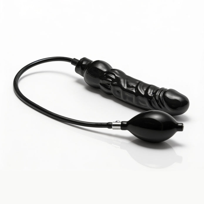 Black inflatable dildo with textured shaft and attached hand pump shown in its deflated state for slimmer insertion and customizable expansion