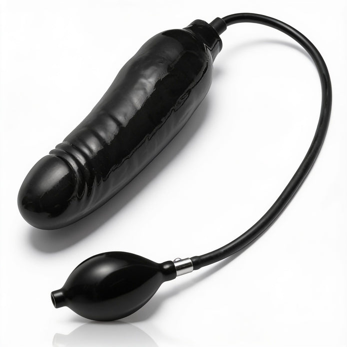 Fully inflated black dildo with attached hand pump featuring an expanded girth profile and textured shaft for adjustable internal stimulation